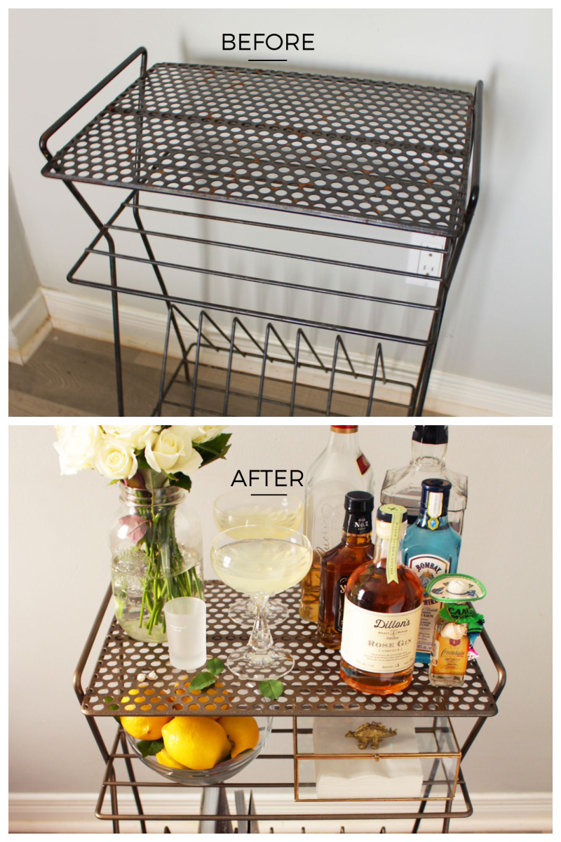 lf you have a vinyl record rack already or find a cheap one, you can easily transform it into a classy and chic bar cart! Perfect for small spaces too.