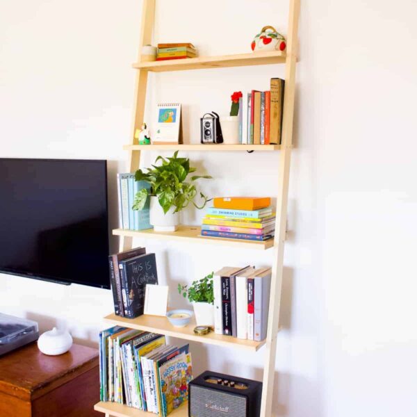 Normally leaning bookshelves or ladder shelves run between $200 - $300. This DIY leaning bookshelf cost me about $60 total...