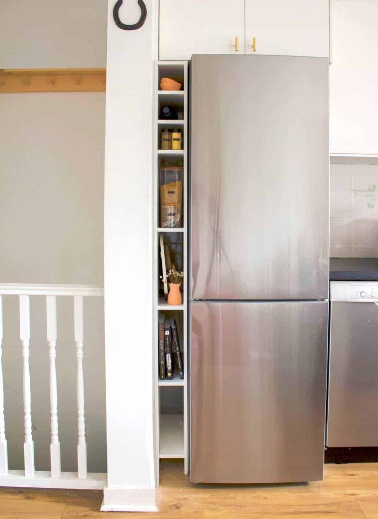 A step-by-step tutorial for building a DIY kitchen wine rack cabinet for storing wine, cookbooks and more!